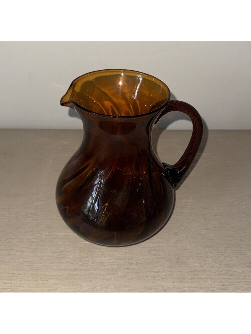 Vintage MCM Glass Pitcher Handblown Art Glass Tortoise Shell Twist Handle